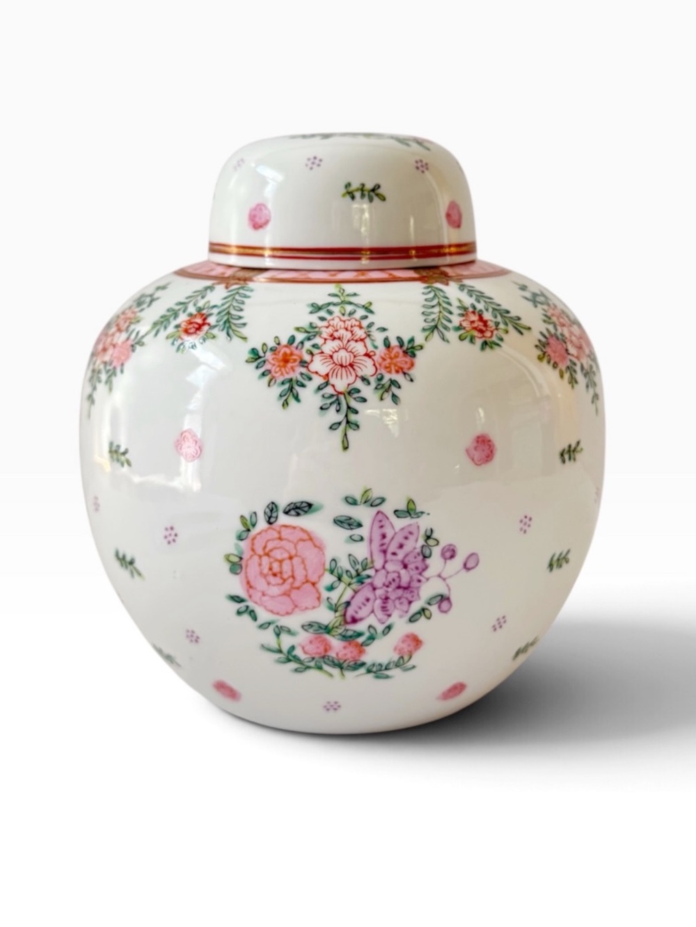 Vintage Chinoiserie Pink Famille Rose Floral Porcelain Decorative Ginger Jar